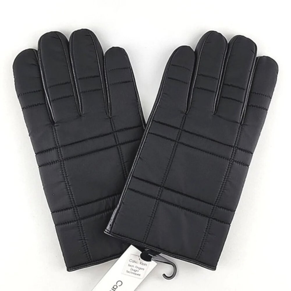 Calvin Klein Men's Black Leather Nylon Winter Insulated Gloves Touchscreen Large